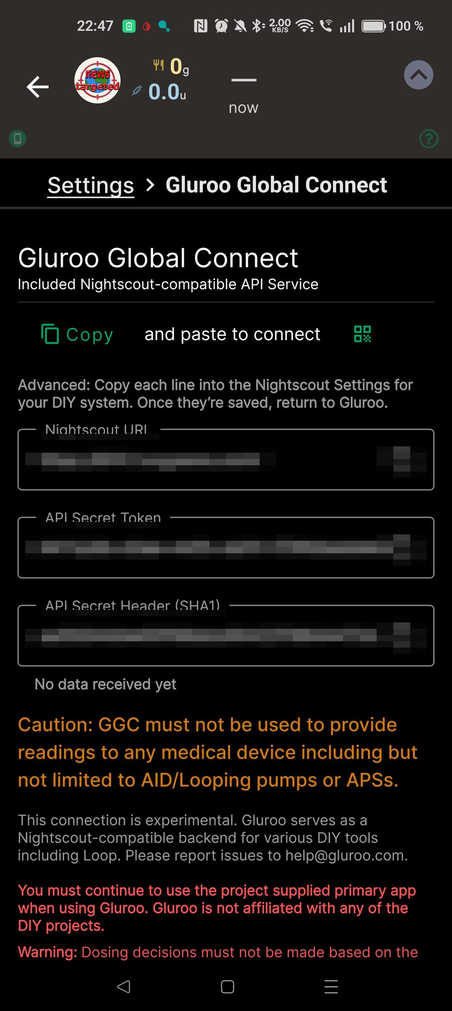Skjermen Gluroo Global Connect, med Nightscout-adresse og API-hemmeligheter skjult. En advarsel sier at den ikke skal brukes til pumpe eller dosering.