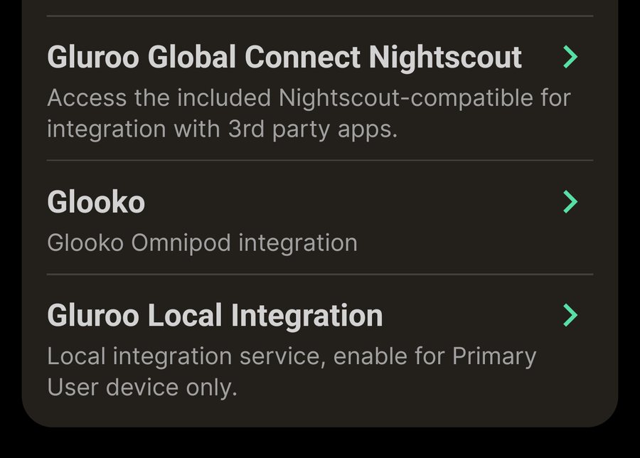 Innstillingsliste i Gluroo med radene Gluroo Global Connect Nightscout og Gluroo Local Integration.